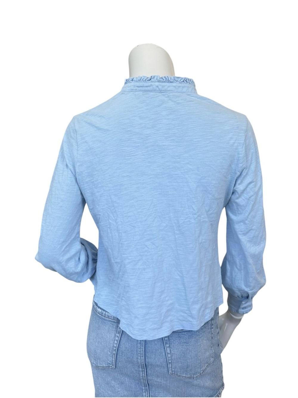 Boden Sky Blue Ruffle Trim Neckline Lightweight Button Down Blouse Size 6 Petite - Picture 5 of 6